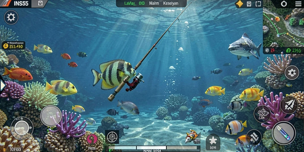 Tampilan gameplay INS55 yang menarik dengan aksi memancing yang seru.