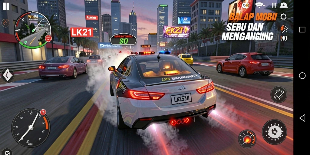 Gambaran layar gameplay LK21 menampilkan mobil balap yang beraksi di trek menantang.