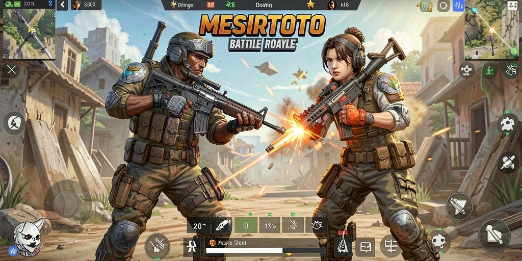 Tampilan menegangkan gameplay Battle Royale MESIRTOTO di arena pertarungan.