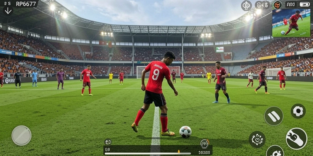 Screenshot utama RP6677 menampilkan aksi seru permainan sepak bola.